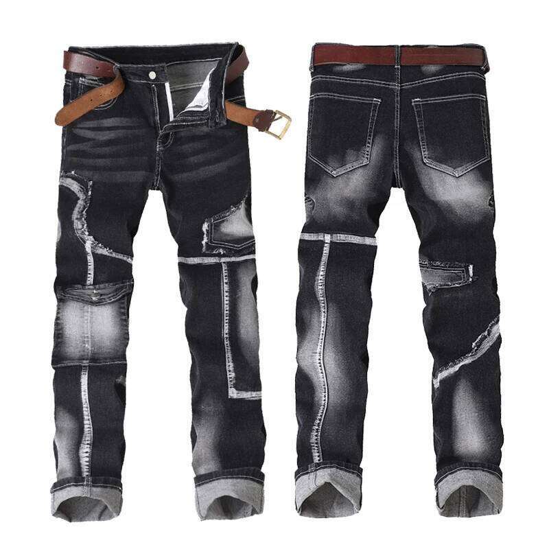 Men's Hole Slim Fit Straight Biker Jeans New Stretch Casual Hip Hop Street Pants Fashion Patchwork Trend Male Denim Trousers Z260225