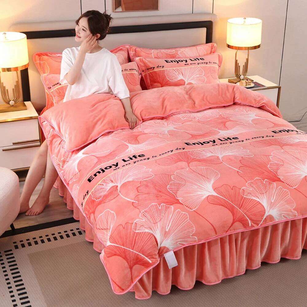 Class A Milk Bedding Sets Double-Sided Thicken Four-Piece Set Light Winter Warm Coral Velvet Quilt Cover Bed Skirt H260311