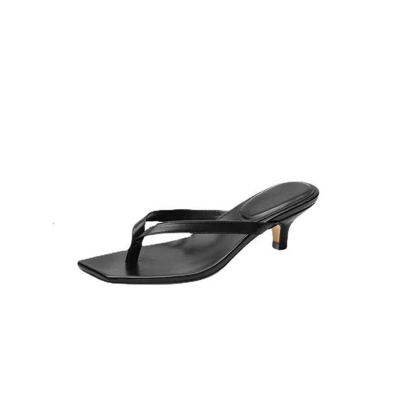 Square toe clip sandals for women 2024 summer new high heel flip-flops large size slim heel womens outdoor leather slippers K260311