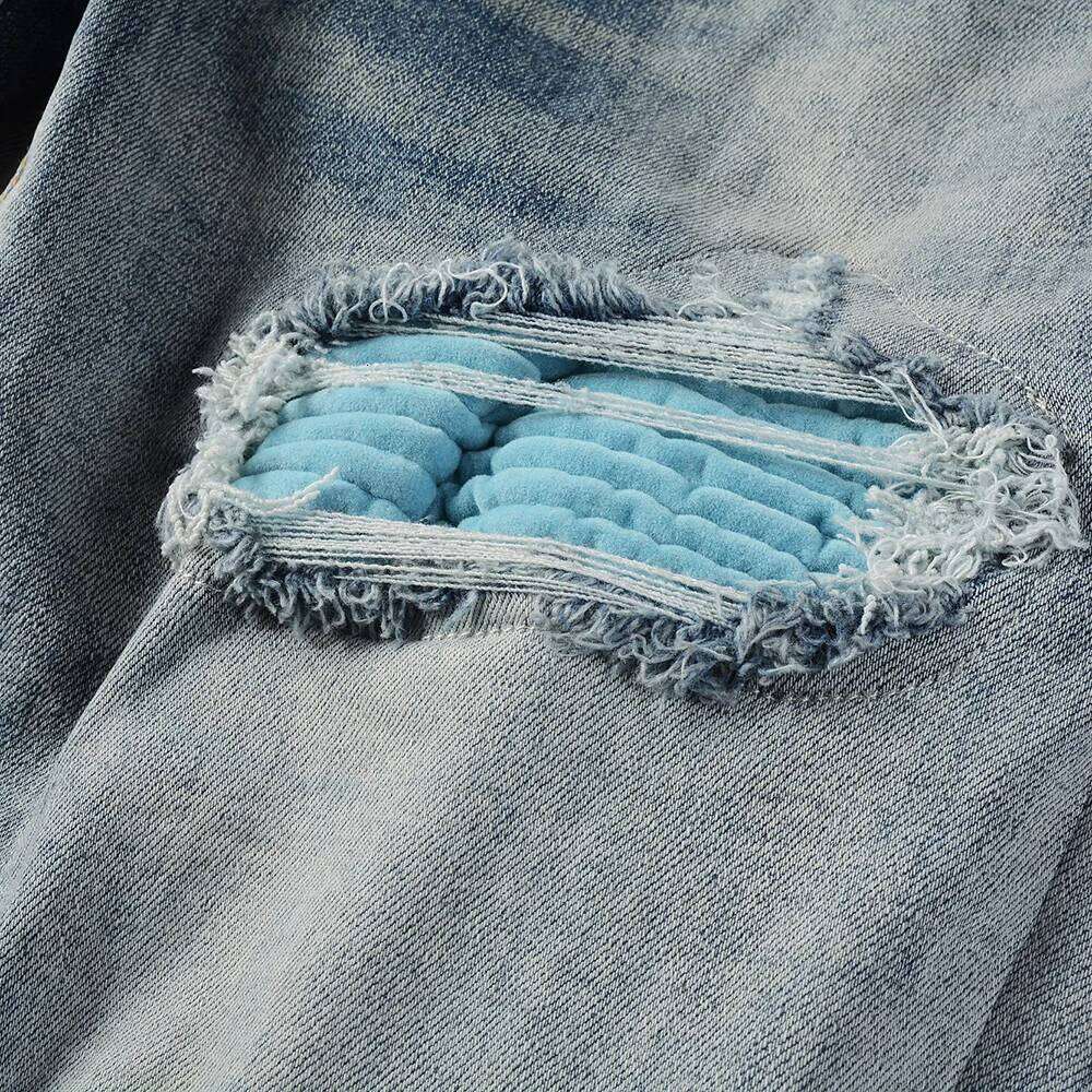 Men Sky Blue Velvet Patch Stretch Denim Jeans Pleated Patchwork Ripped Biker Pants Holes Distressed Skinny Tapered Trousers Z260225