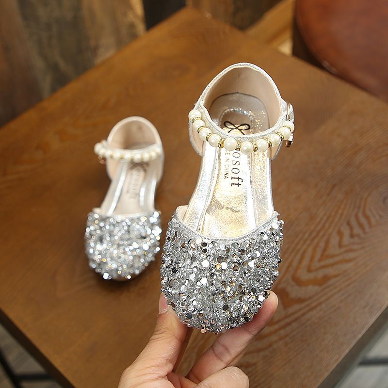 Girl Princess Shoes Sequins Pearl Silver Gold Pink Summer Spring Girls Sandals Cover Toe Toddler Fashion Party Dance Kidsnest Kids Flat Shoes Sizes US