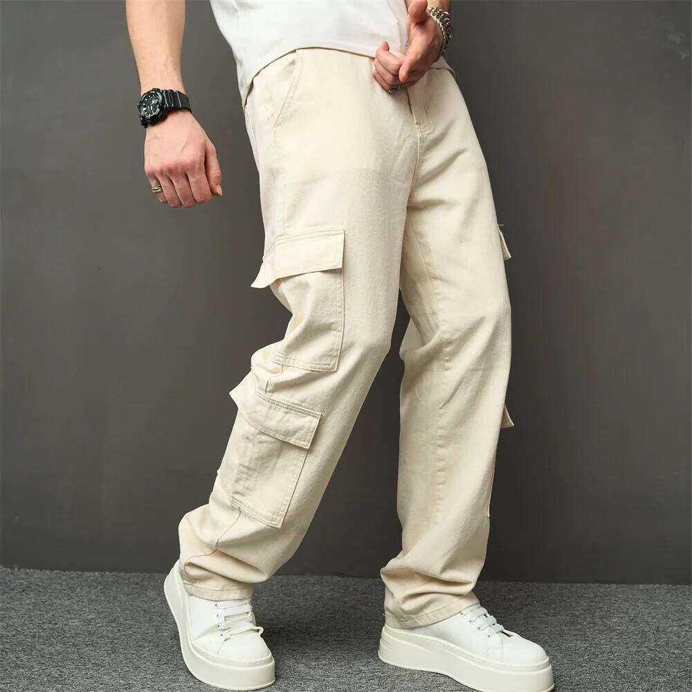 Streetwear Stylish Retro Multi pocket Cargo Men Jeans Male Good Quality Solid Loose Casual Straight Denim Pants Z260225