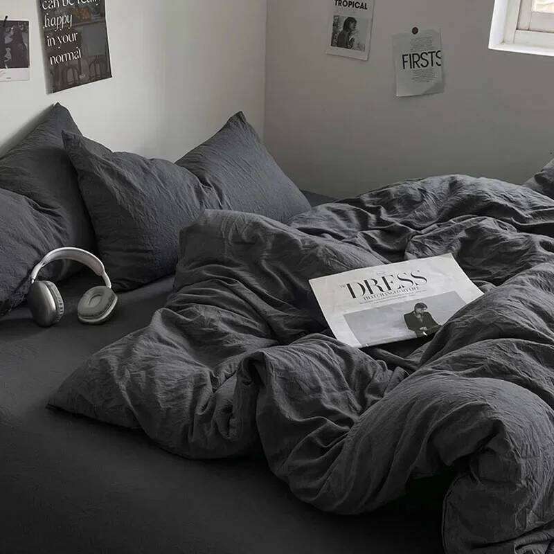 Solid Sleep Naked Washed Cotton Bedding Set 4Pcs Mix Colored Bedclothes with Zipper Super Soft Comfort Bed Liner for Adults H260311