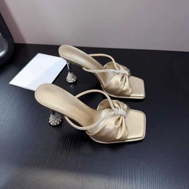Satin Heeled Womens Shoes Summer New Square Toe Open Toe Bow Rhinestone Anti-slip Wear-resistant Outer Wear K260311