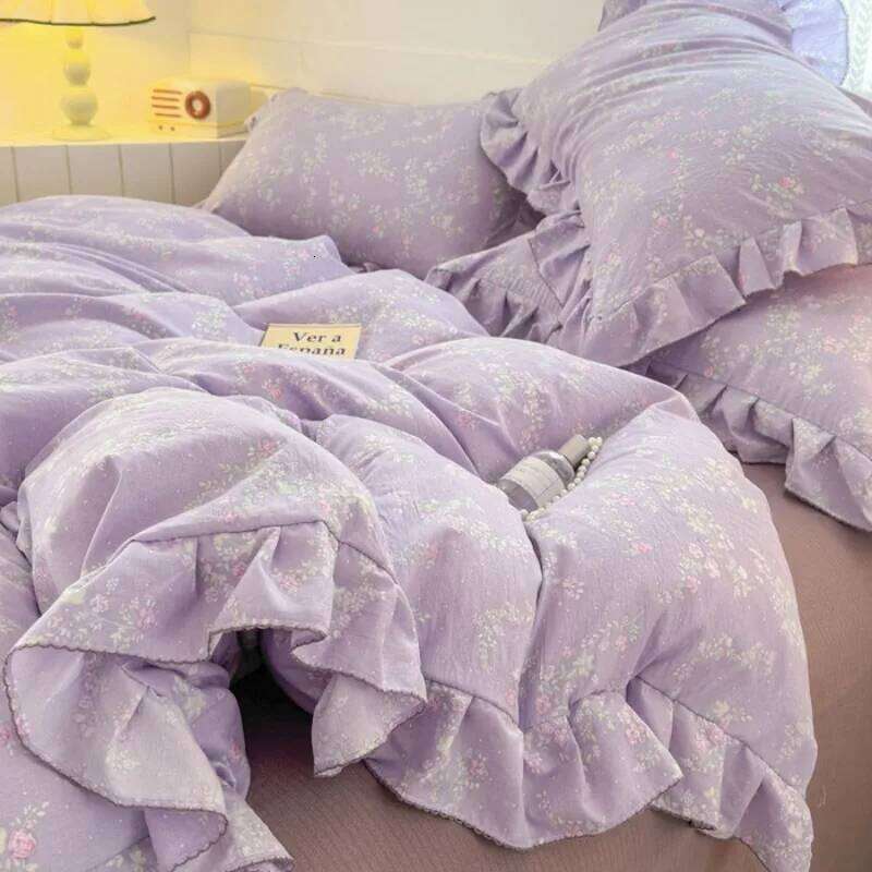 New Gentle floral aerobic knitted with lace double layered yarn duvet cover washed cotton bed sheet 3 piece set H260311 - view 4