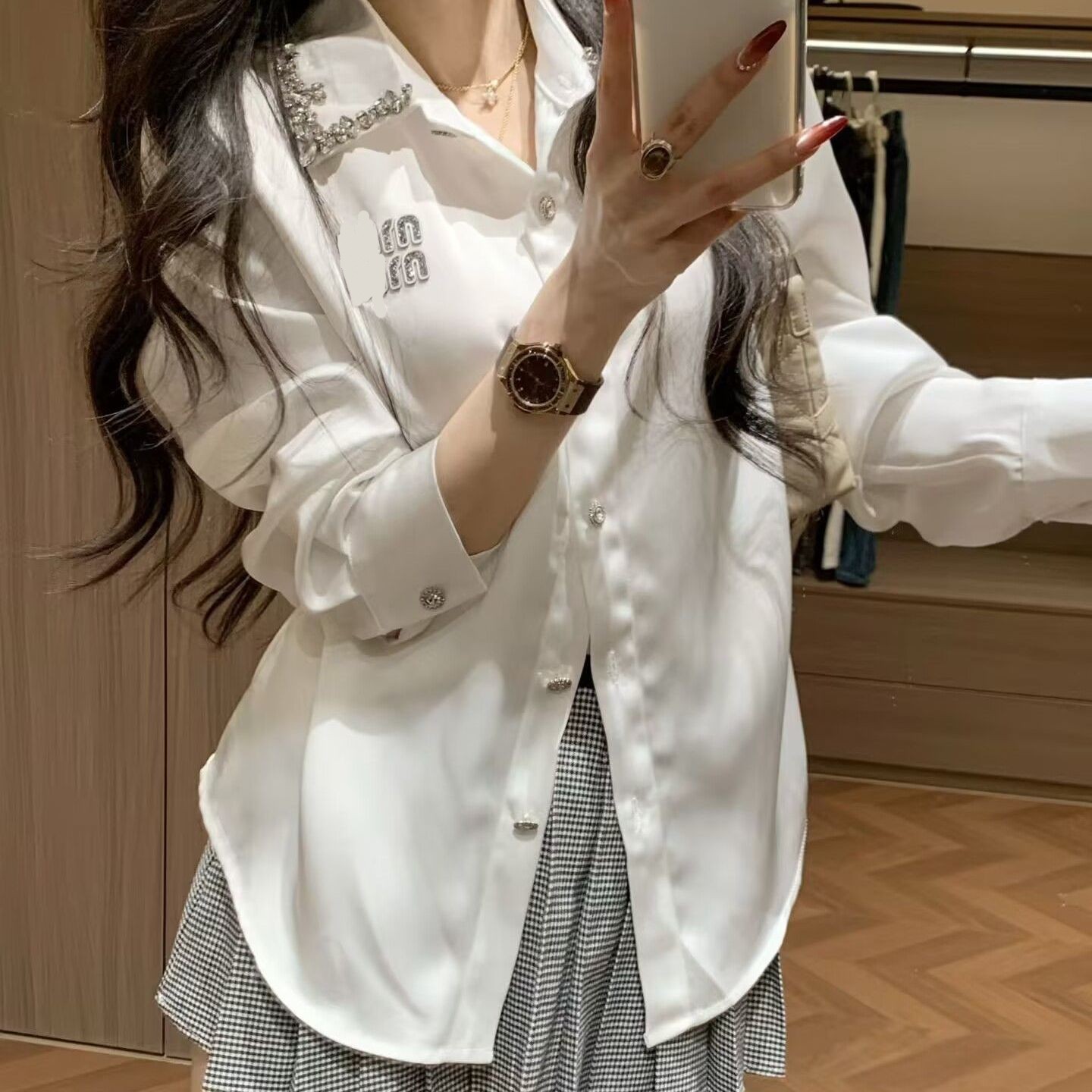 Women logo letter rhinestone turn down collar gem crytal patched long sleeve silk satin fabric shirt designer blouse SML