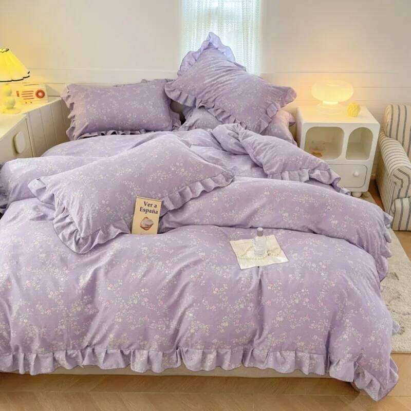 New Gentle floral aerobic knitted with lace double layered yarn duvet cover washed cotton bed sheet 3 piece set H260311 - view 6