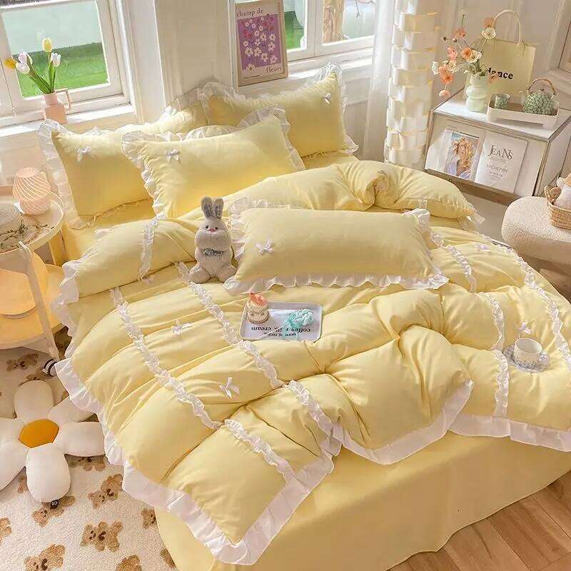 Kawaii Korean Bedding Sets No Filling Ins Princess Style Lace Bow Duvet Cover Fitted Sheet Girl Woman Home Bedroom Bed Linens H260311