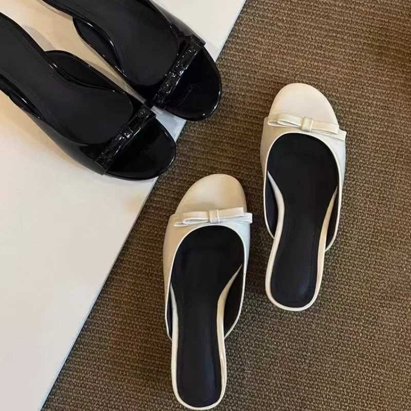 Womens Summer Patent Leather Butterfly-knot Slippers Street Style Square Toe Dress Shoes Outdoor Ladies Thick Heel Slides K260311