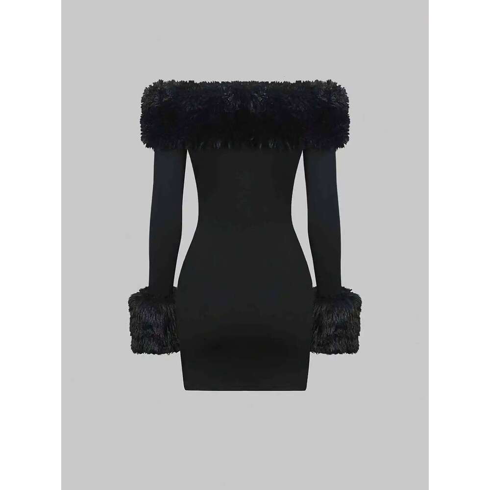 Black off the trimmed slim fit dress,Black one shoulder long sleeved dress with plush trim Z260311