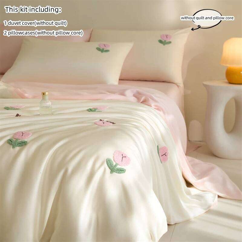 3pcs Embroidered tulips Duvet Set 1*Duvet Cover + 2*Pillowcase, Without Core soft Bedding Set, Soft Comfortable H260311