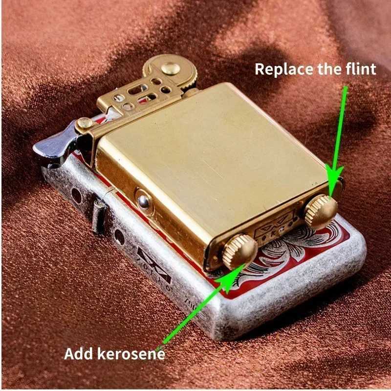 Brass Double sided Hand carved Windproof Kerosene Lighter Personalized Retro Collection Wheel ignition Lighters Smoking N260311