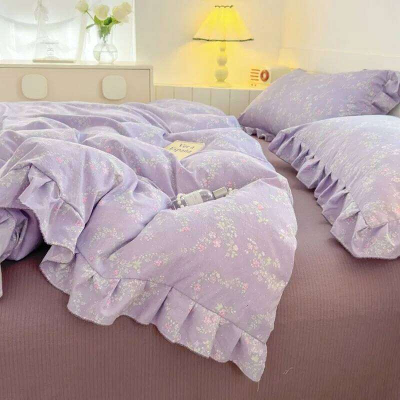 New Gentle floral aerobic knitted with lace double layered yarn duvet cover washed cotton bed sheet 3 piece set H260311 - view 3