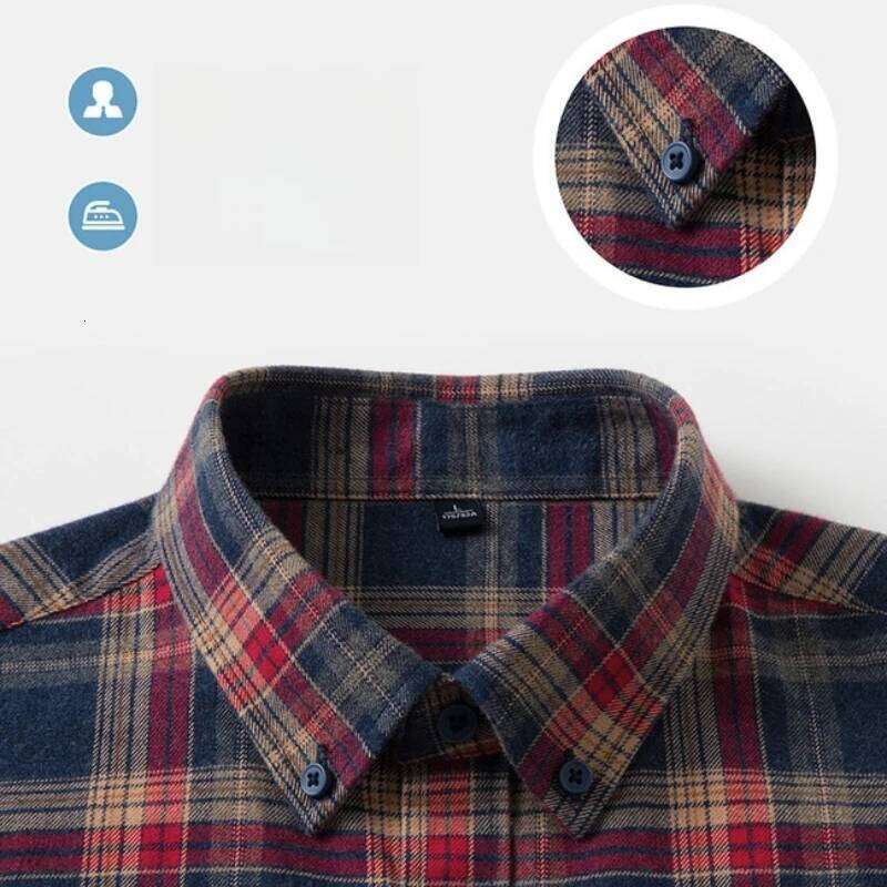 100% Flannel Shirt Men's, Plaid Casual Jacket, Anti-Wrinkle, Multi-Color Gold Quality Long-Staple Cotton M-4XL 26Y0311