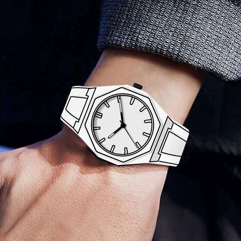 PINTIME New Men's Watches Black White Quartz Watch for Man Creativity 2D Comic Style Wristwatch Leisure Male Cool Clocks