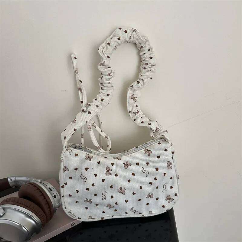 Women Small Underarm Bag Corduroy Handbag Cute Bowknot Print Little Tote Half Moon Design Eco Cloth Purse Mini Shoulder Bags New XJ260311