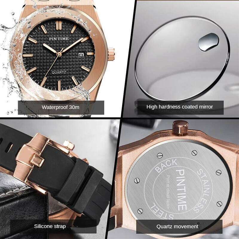 PINTIME Top Brand Sport Men's Watches Silicone Strap Waterproof 30m Calendar Check Face Dial Fashion Quartz Wristwatch Relogios