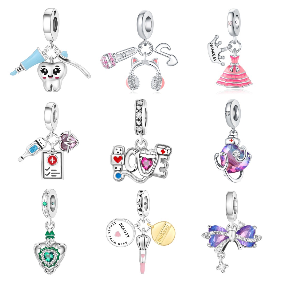 New Export Style Nurse Stethoscope Perfume Bottle Earphone Microphone Charm Pendant Beaded Jewelry Bracelet Accessories Silver