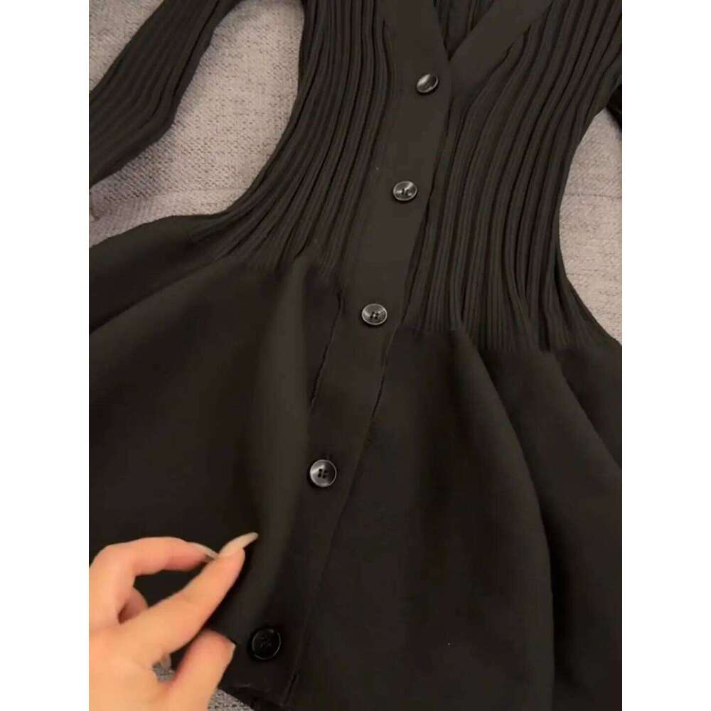 Vintage Elegant Dress Long Sleeve V-neck Knitted Dresses Women Casual Single Breasted Slim Fit Autumn Korean Sexy Style Skirt Z260311