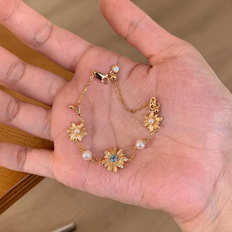 18K real gold plated sparkling diamond daisy pearl bracelet, light luxury high-end zircon stackable jewelry - view 4