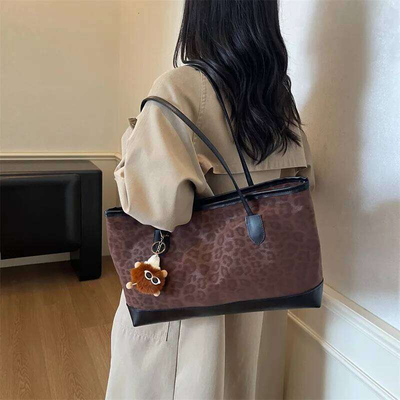 Autumn Vintage Leopard Print Shoulder Bags for Women Versatile Ladies Large Capacity Tote Bag Portable Female Suede Handbags XJ260311