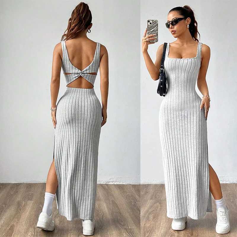 Elegant Slim Knitted Dresses Women New Sexy Hollow Out Backless Bodycon Long Dress Streetwear Fashion Casual Solid Lady Dress M260311