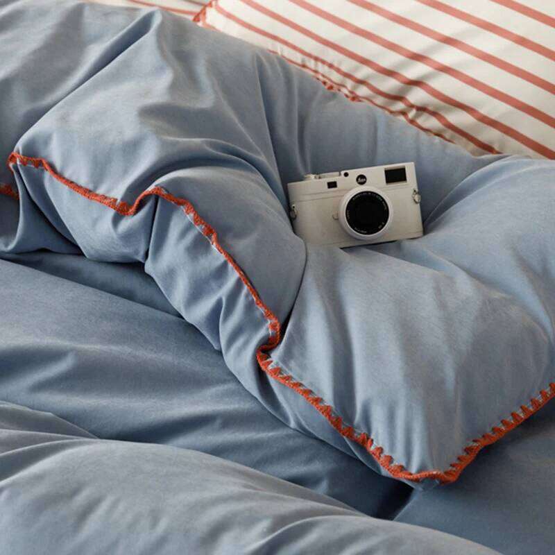 Blue Protein Durable Washed Cotton Bedding Set Striped Color Block Shell Embroidery Comforter Cover with Standard Pillowcases H260311