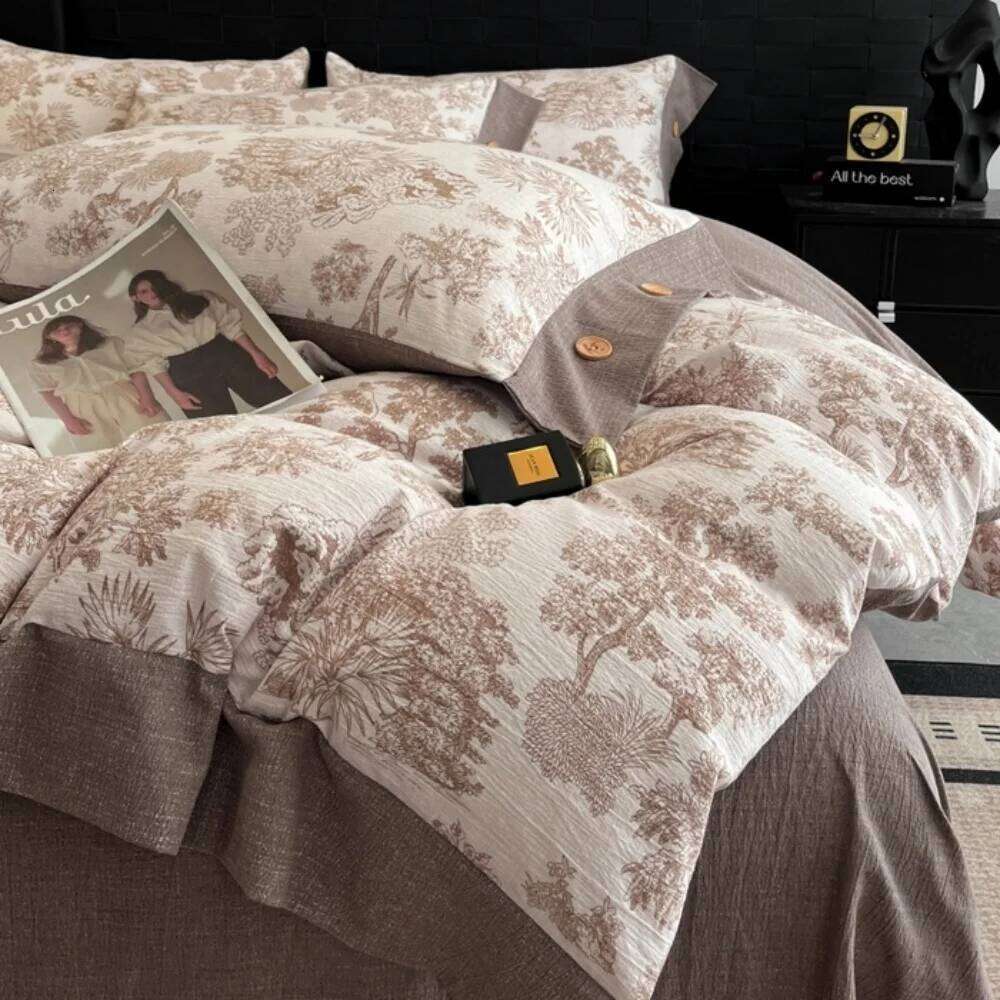 Plant Print A-Class Linen Bedding Button Four Piece Set Thicken Duvet Cover Bed Sheet Pillowcases Bedroom Decor Home Textile H260311 - view 6
