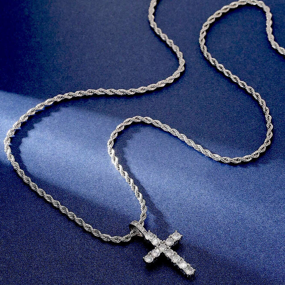 Men's Cross Pendant Necklace American Hip Hop Iced Out Zircon Cross Rope Chain High End Casual Silver Plated Jewelry