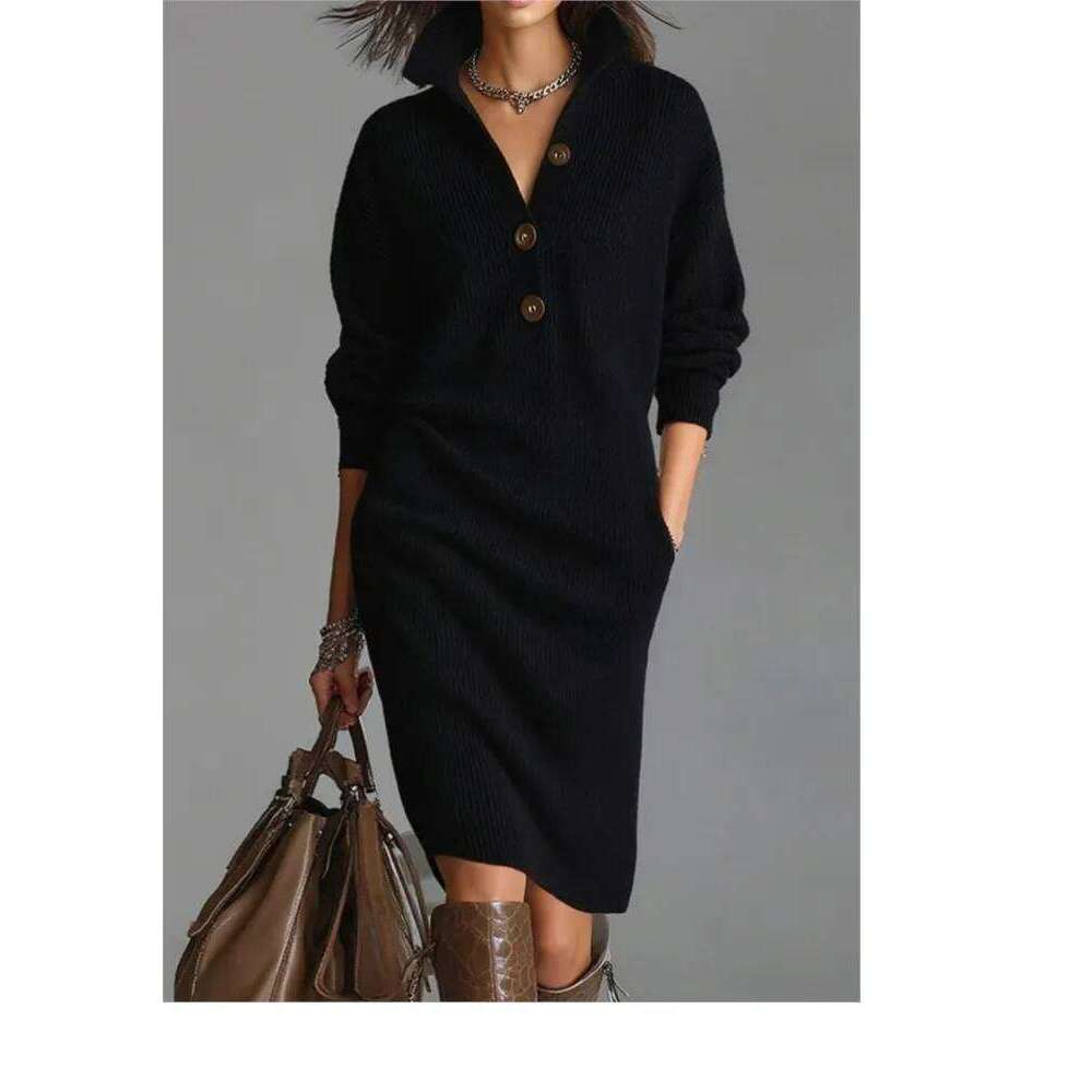 Autumn Fashion Knitted Button Lapel Women Dress Casual Loose Pocket Lazy Straight Over The Knee Long Sleeve Sweater FemaleDress Z260311