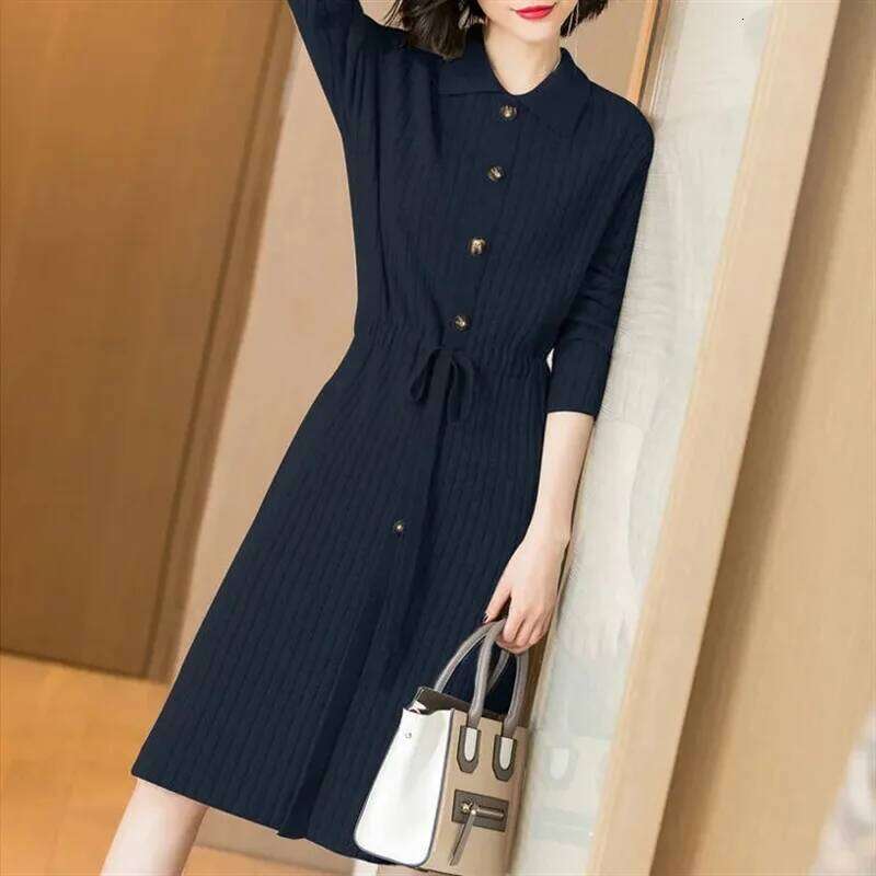 Loose Pullover Sweater Lace-UP 2025 New Spring Size XXXL High-End Turn-Down Collor Long Knitted Women's Autumn Dress Z260311