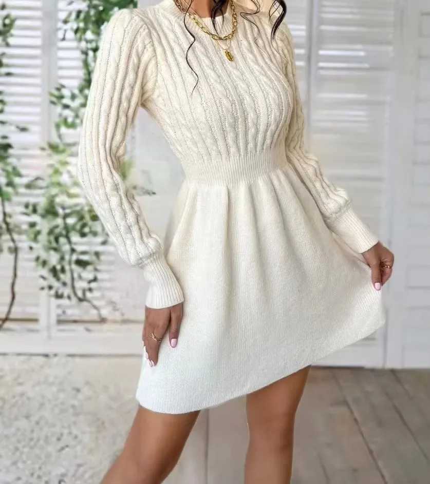 Solid Cable Knit Sweater Dress Casual Crew Neck Long Sleeve Dress Womens Clothing M260311