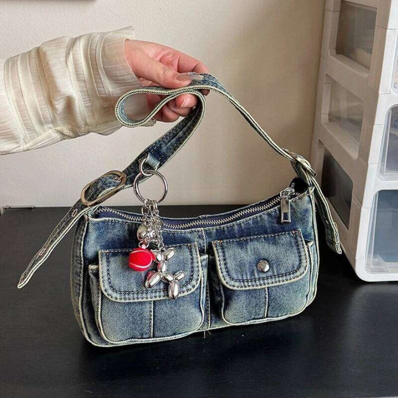 Vintage Denim Shoulder Underarm Bags for Women Portable Spicy Cool Girl Y2K Handbag Double-pocket Design Ladies Armpit Bag Purse XJ260311