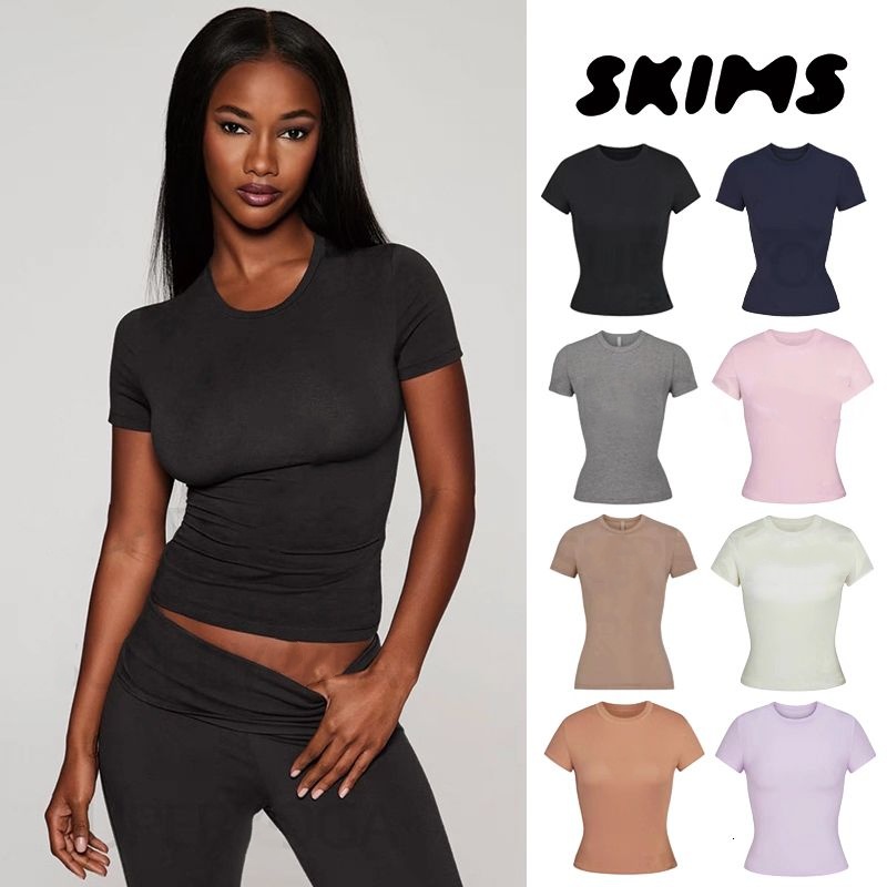 Skims Women Clothes Women Clothes Kim Kardashian Top T-Shirt Short Sleeve Stretch Slim Kylie Same Style Ribbed Cotton Crew Neck Base Shirt