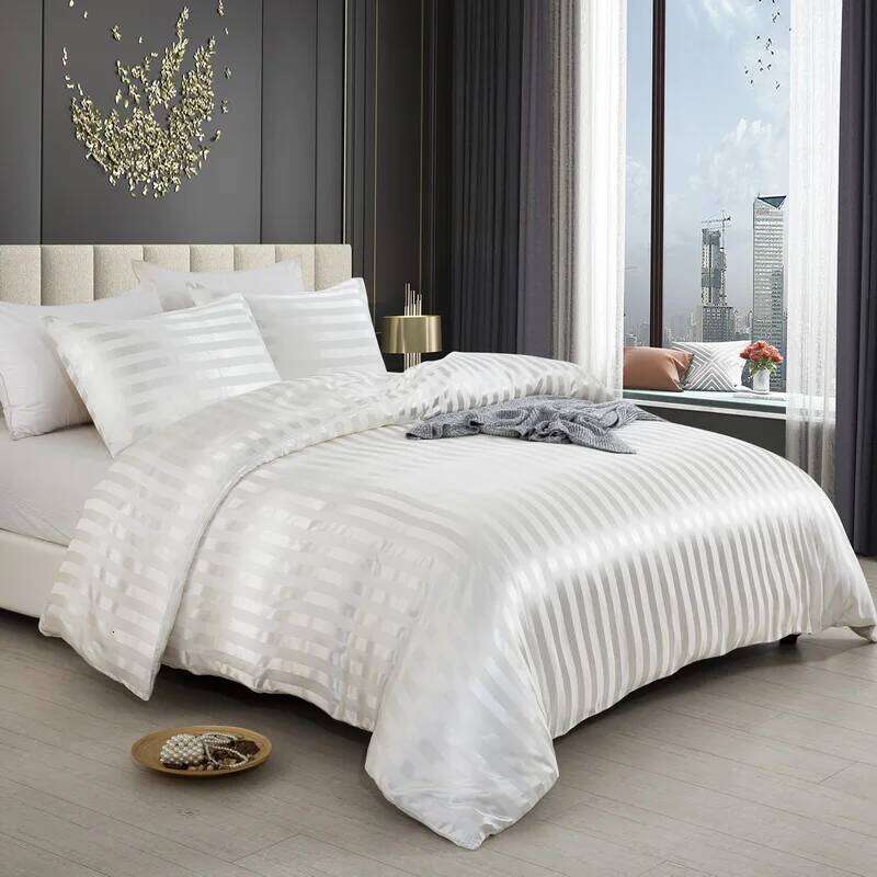 Satin Striped Full/Queen/King/Single/Double Size Set, Silky Like Ivory White Stripe Duvet Cover Bedding Set H260311