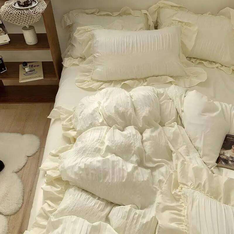 Product Spring and Summer Gentle Feng Shui Wash Cotton Wrinkled Yarn Princess Four Sets Bed Sheets Cover Student Dormitory H260311