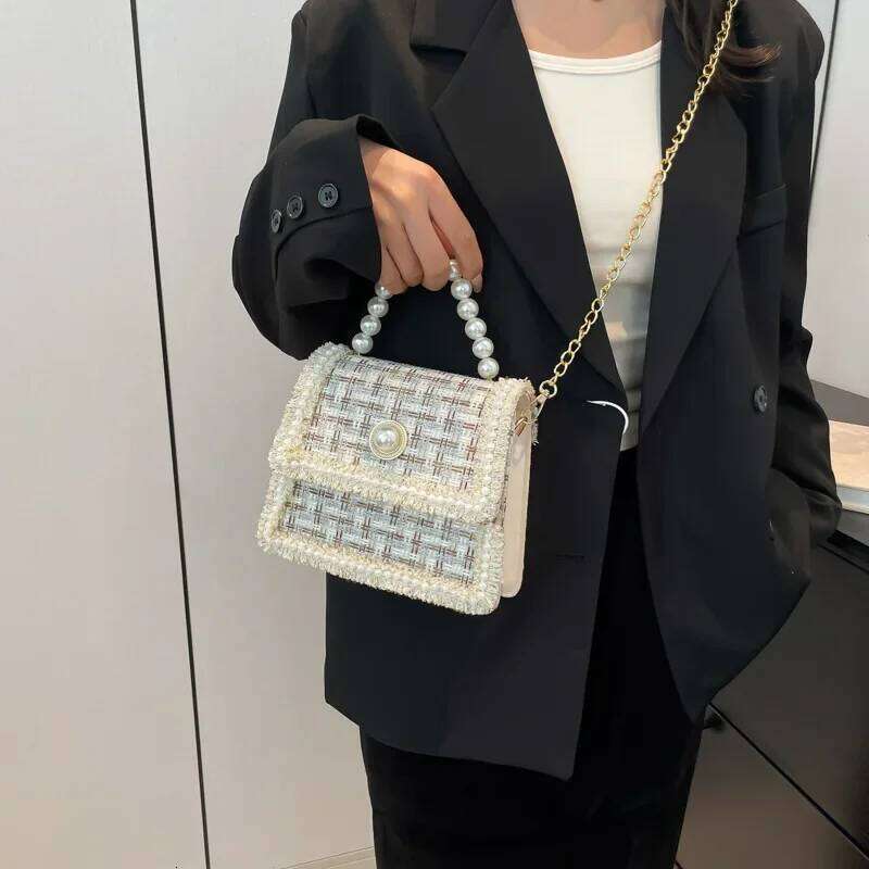 Elegant Beading Chain Ladies Handbags Fashion Plaid Women's Shoulder Bags Small Square Crossbody Bag Simple Female Tote Purse XJ260311