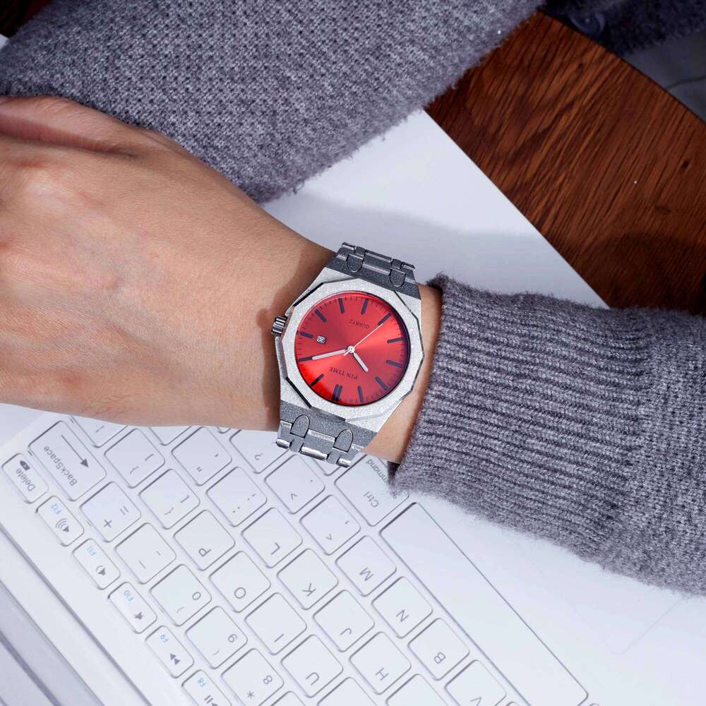 Octagon Wristwatch Glitter Textured Case Purple Dial Date Display Quartz Unisex Stylish Trendy Casual Fashion Watch