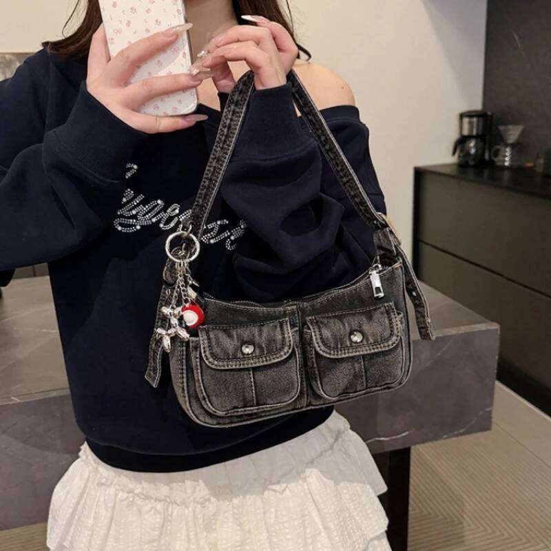 Vintage Denim Shoulder Underarm Bags for Women Portable Spicy Cool Girl Y2K Handbag Double-pocket Design Ladies Armpit Bag Purse XJ260311