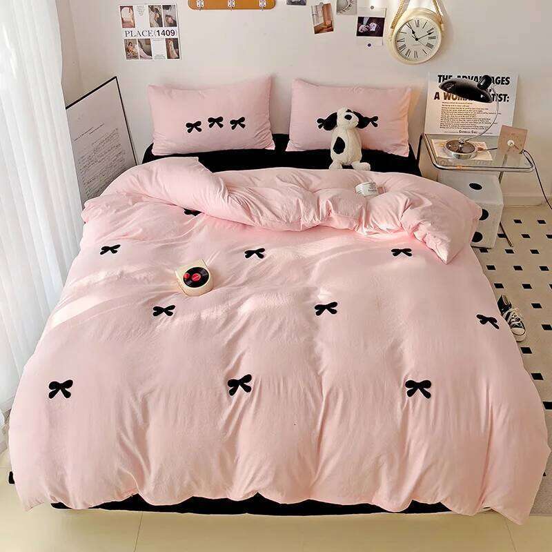 Black Bow Embroidery Duvet 3 Pieces Set Girl Adult Bedroom Pink Decor Quilt Cover Solid Color Bedding with 2 Pillowcases H260311