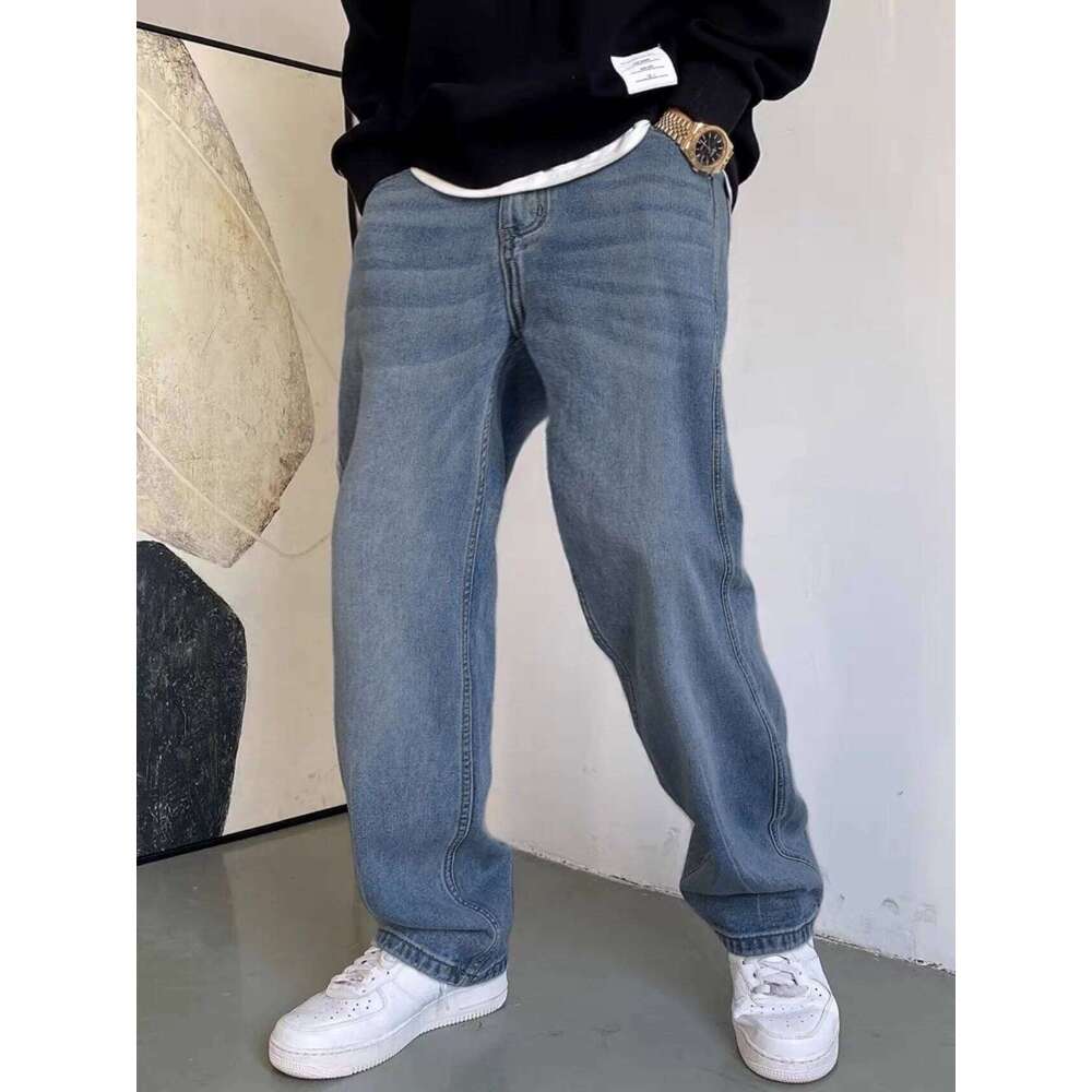 Straight Leg Jeans Blue Washed Men's Urban Pants with Claw Scratch Details for Modern Street Style Z260225