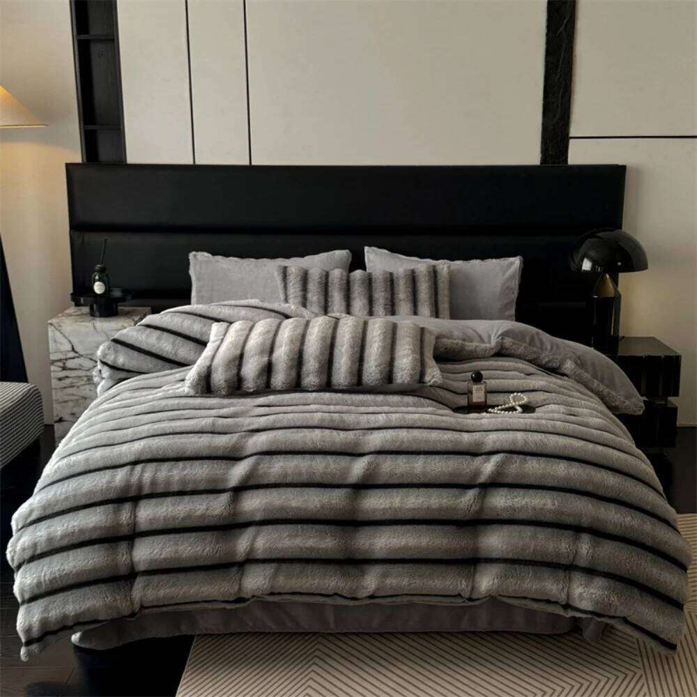 Stripe Bubble Jacquard Rabbit Plush Bedding Soft Quilt Cover Pillowcase Bed Sheet Thicken Winter Coral Fleece Four-Piece Set H260311