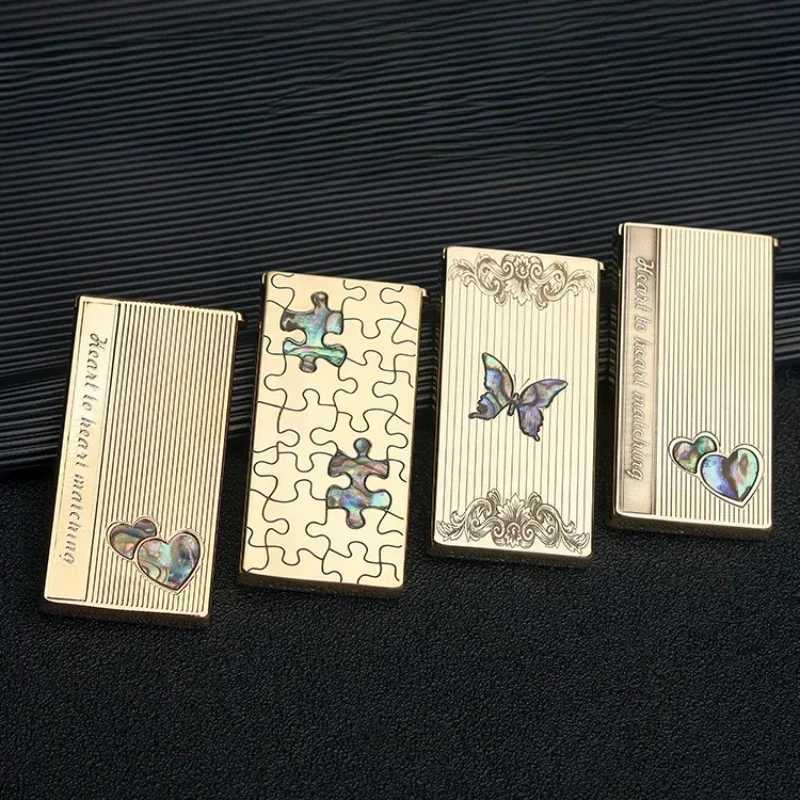 Retro Lift Brass Lighter Copper Engraved Color Shell Butterfly Puzzle Unusual Mens Gadgets with Box N260311