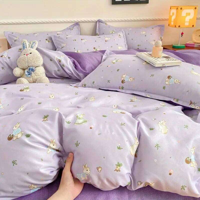 Cute Rabbit Bedding Set Ins Style Floral Duvet Cover No Filler Pillowcases Flat Sheet Single Full Size Girls Bed Linens H260311