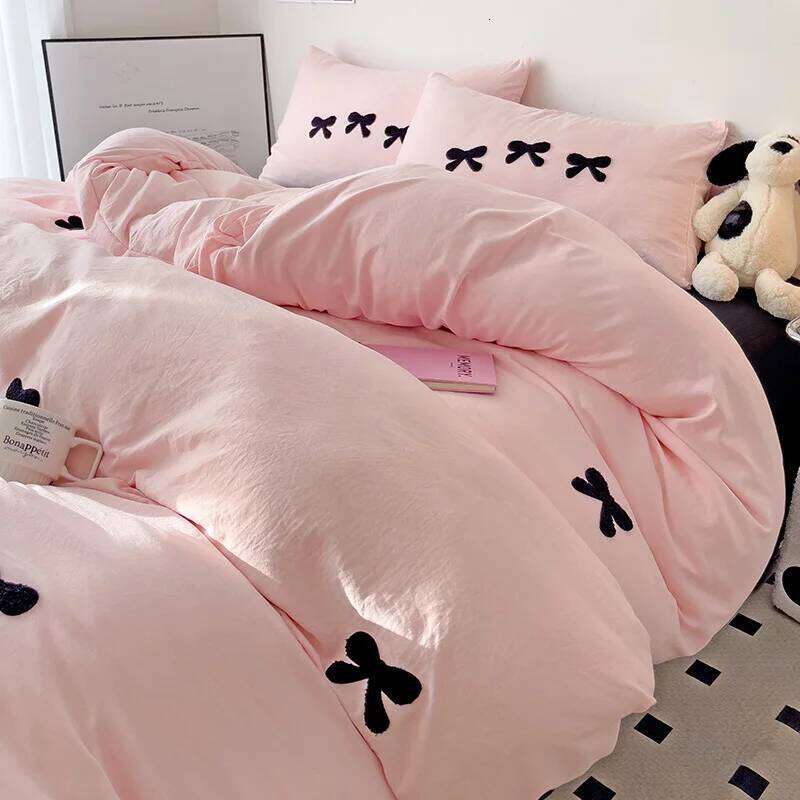 Black Bow Embroidery Duvet 3 Pieces Set Girl Adult Bedroom Pink Decor Quilt Cover Solid Color Bedding with 2 Pillowcases H260311