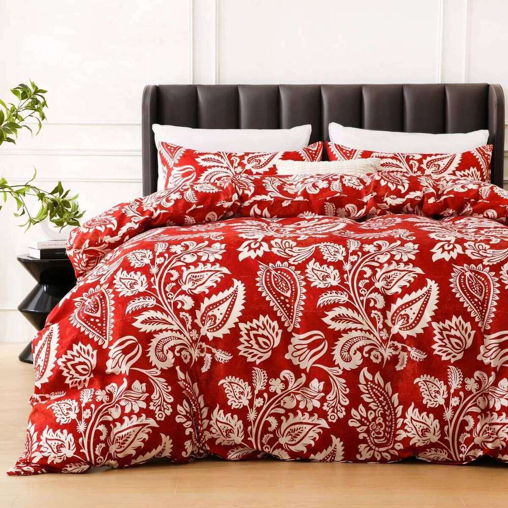 Boho White Paisley Floral Duvet Twin Bohemian Exotic Flower Bedding Set Reversible Red Comforter Cover for Girl Women Room H260311
