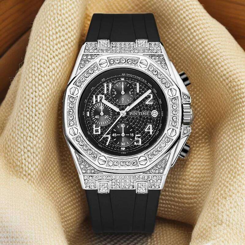 PINTIME Men's Watches Diamond Quartz Wristwatches Waterproof Luminous Chronograph Wristwatch Time Clock Sport Watch for Men
