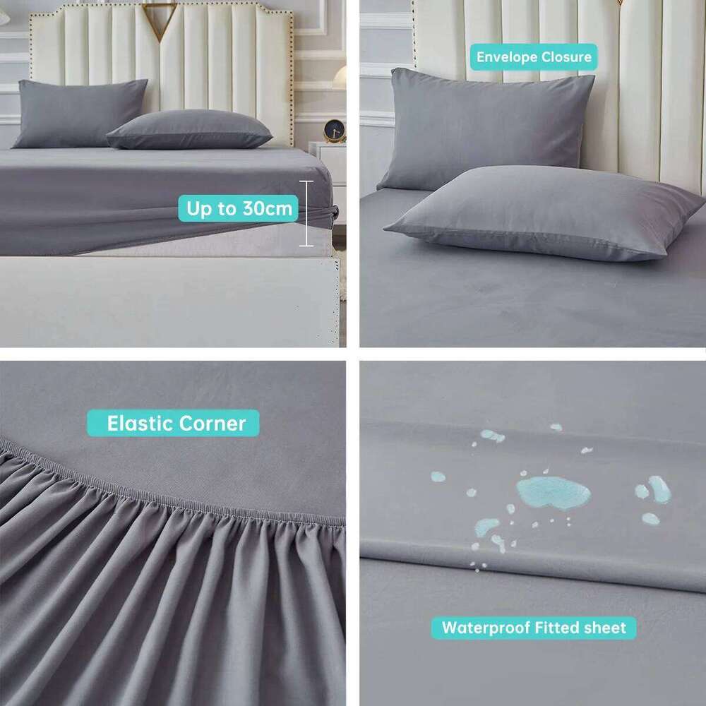 3/4pcs Solid Beding Set, Waterproof Fitted sheet Bed Sheet & Pillowcases Soft, Queen, KIng, Full, Twin Size, White and Gray H260311 - view 3