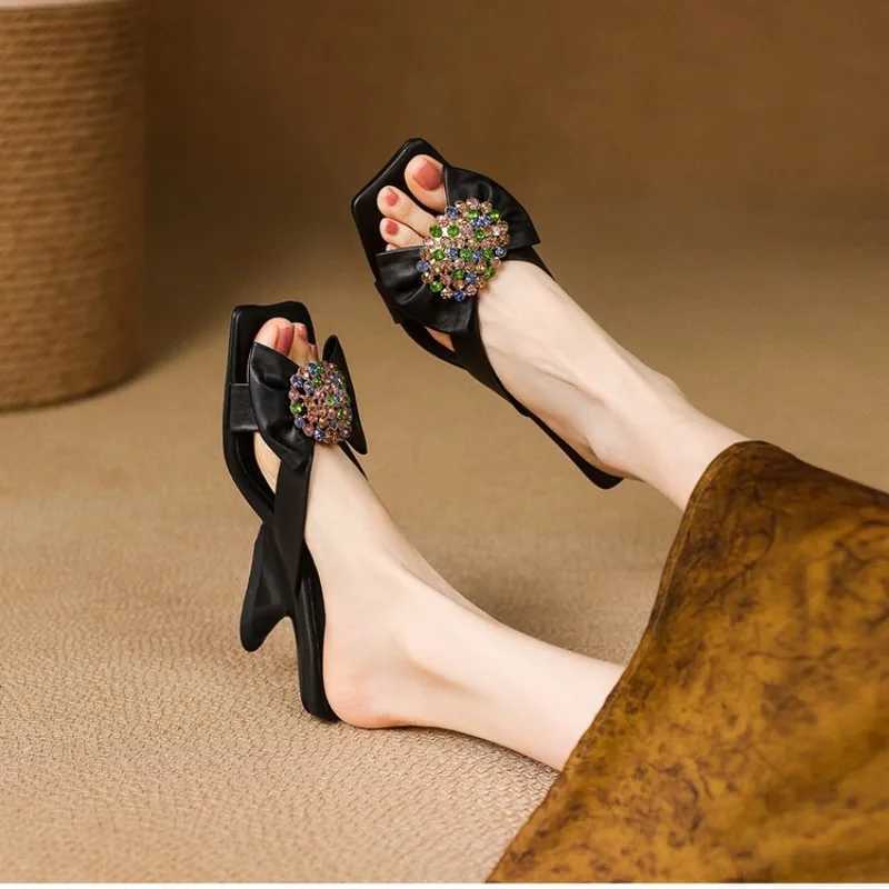 Summer Wedge Open Toe Going Out Half New Square Headpiece Diamond Bow Slip-on Anti-slip Wear-resistant Kitten Heels K260311
