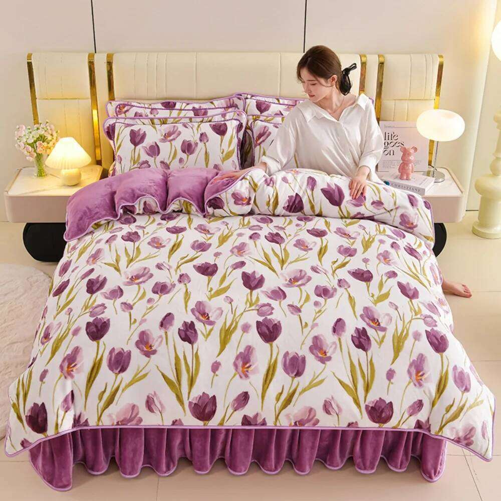Milk Velvet Winter Warm Four Piece Soft Thickened Bedding Quilt Pillowcase Bed Sheet Anti-static Duvet Cover Set H260311